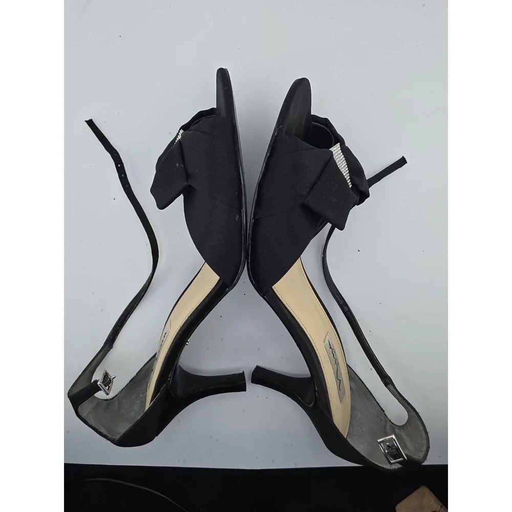 Nina Black Rhinestone Bow Ankle Strap Stiletto Heels Womens 9.5M Leather Sole